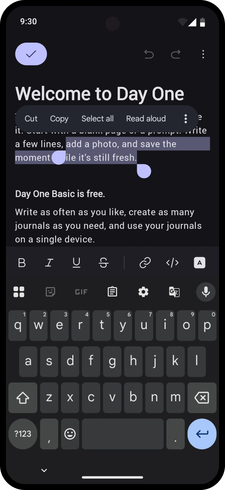 The contextual selection menu