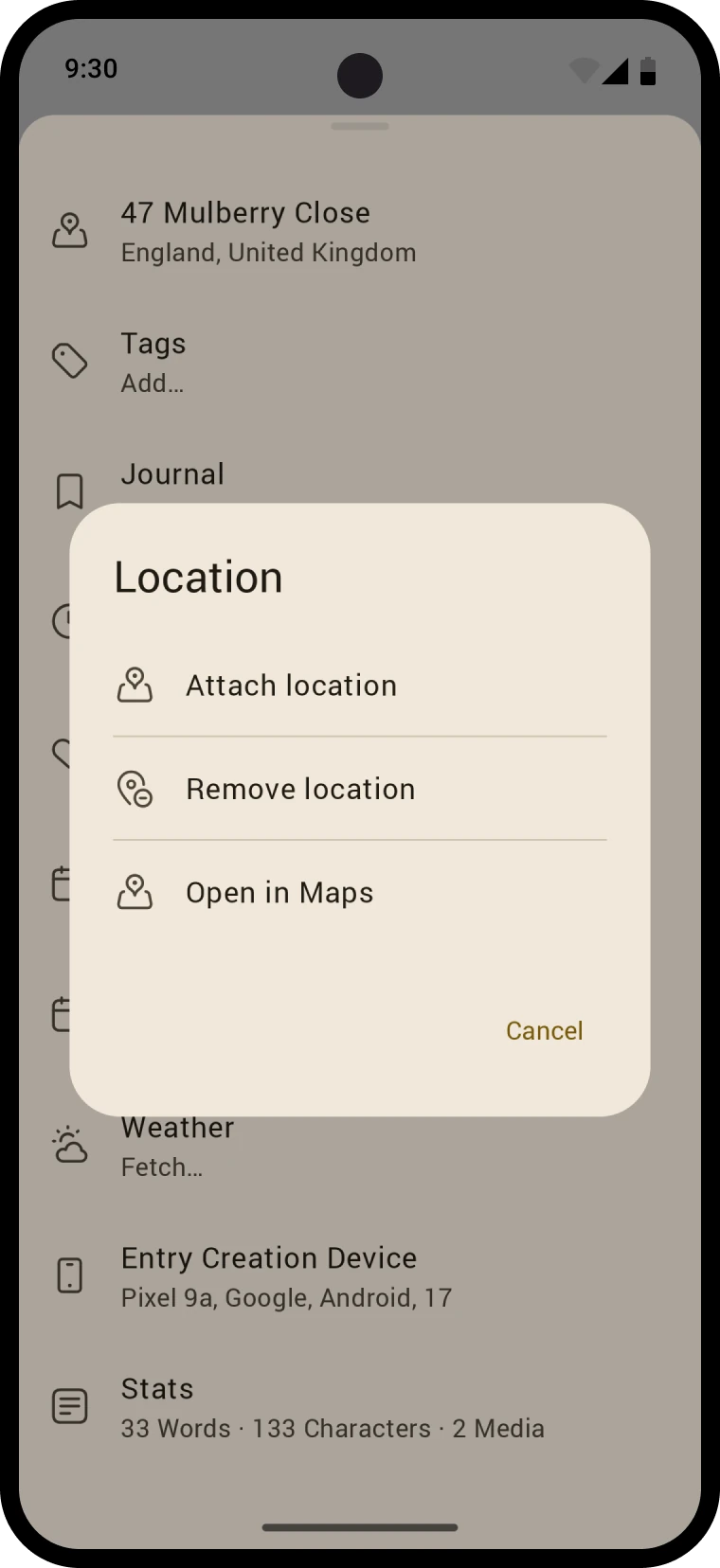 The location sheet