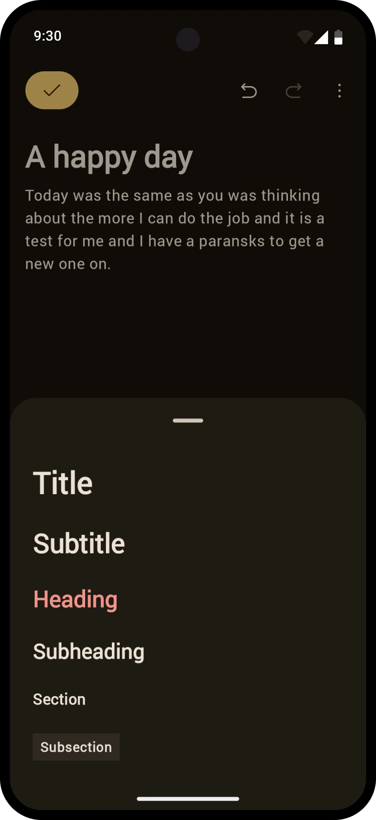 The typography sheet in dark theme