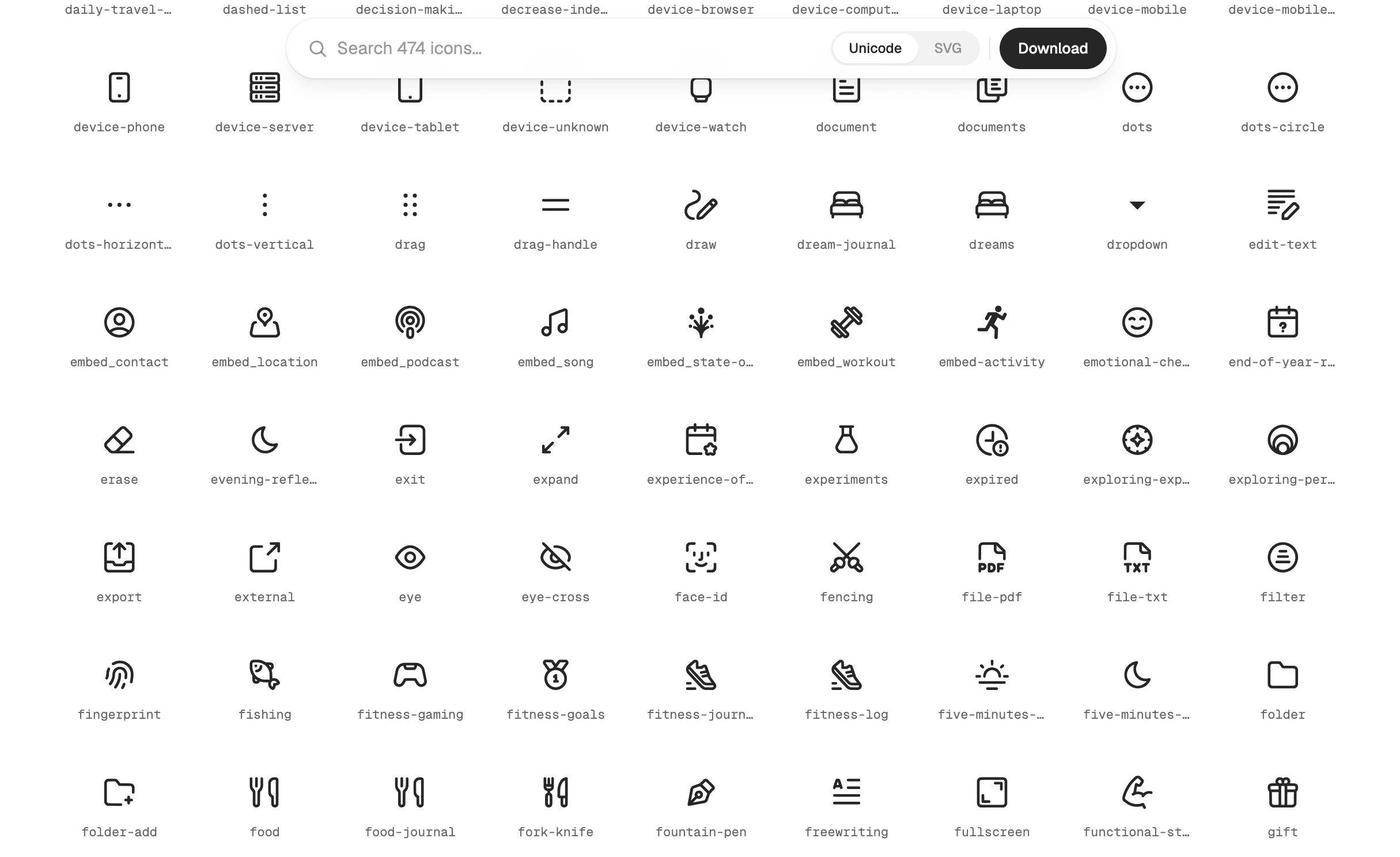 The reference page scrolled deep into the icon set