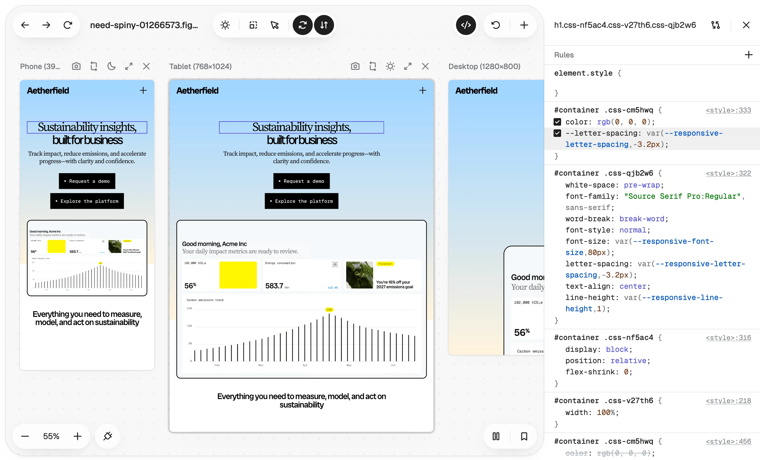 Editing CSS live with media query support across every viewport