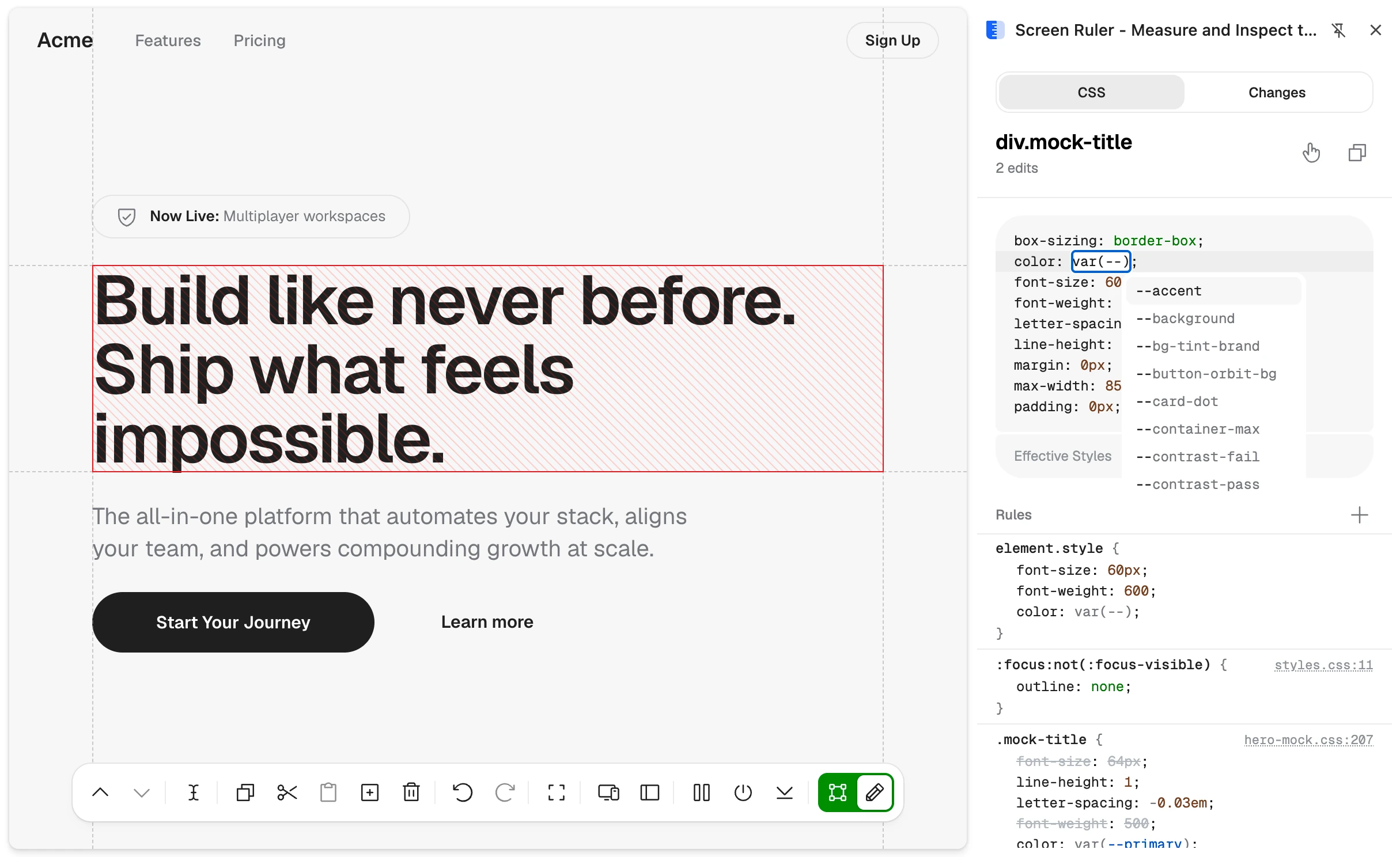 Editing an element's styles in the side panel