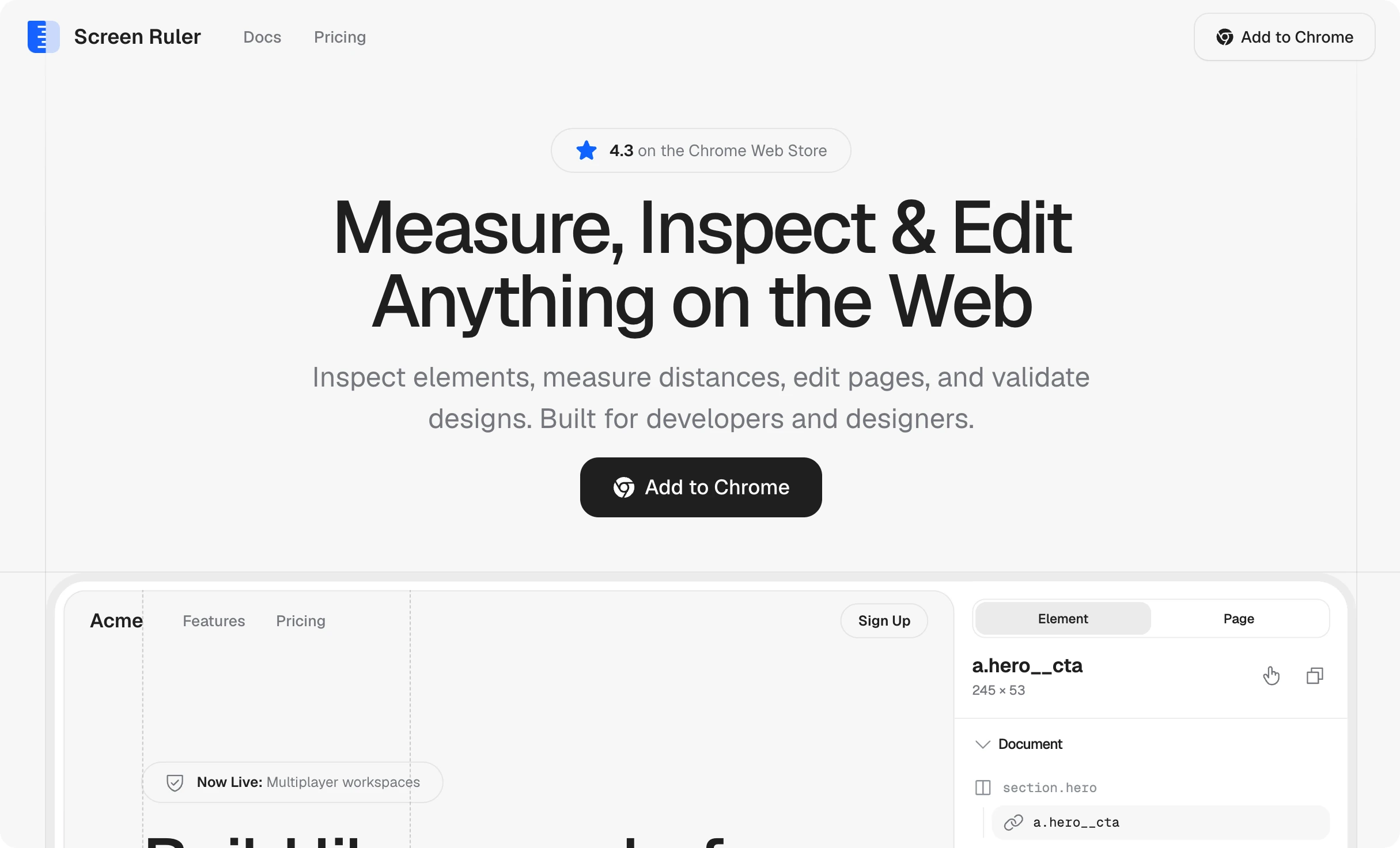 The Screen Ruler landing page with its live embedded product demo