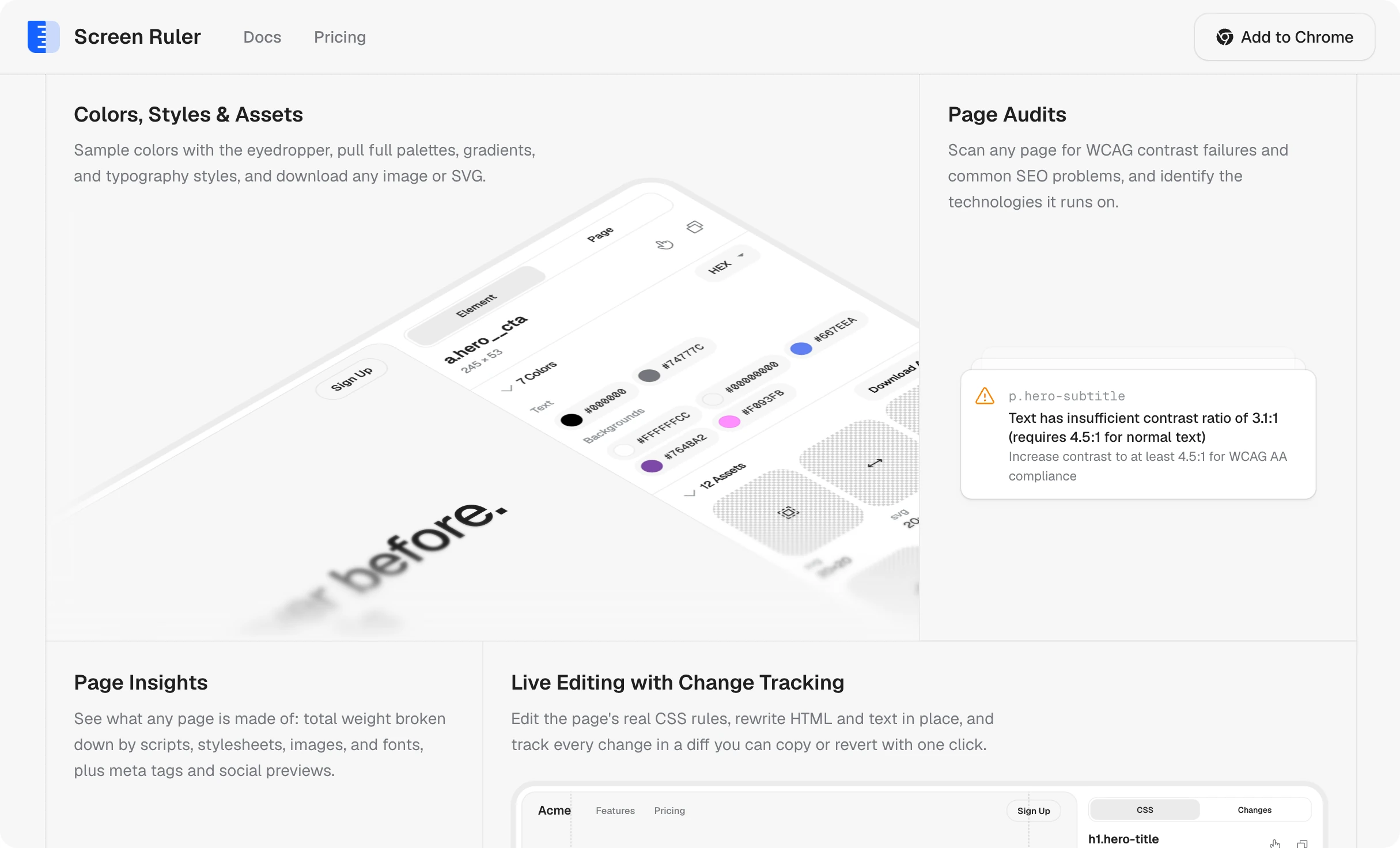 The site's features section: element inspection and responsive mode