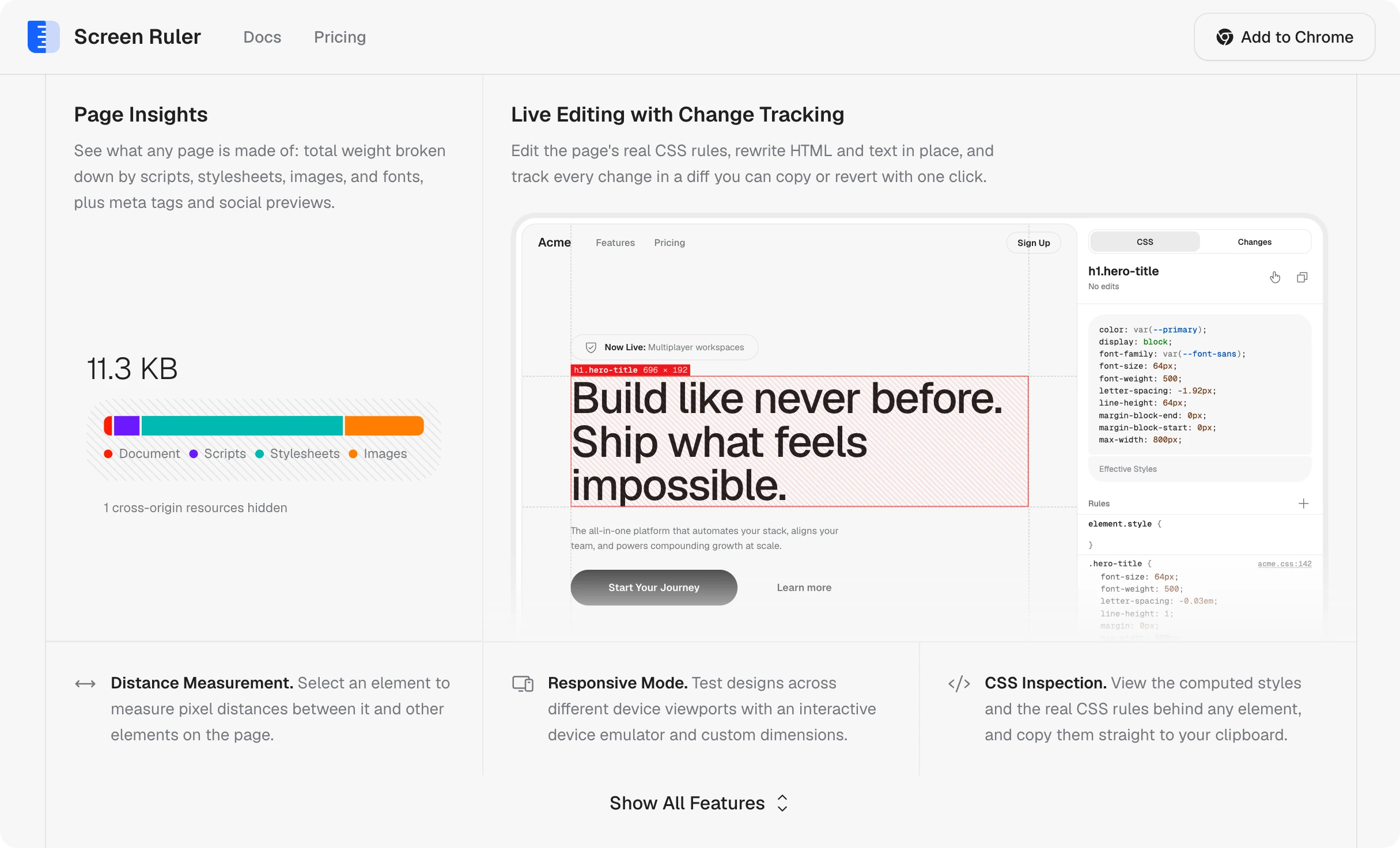 The site's features section: colors and assets, page audits, and live editing