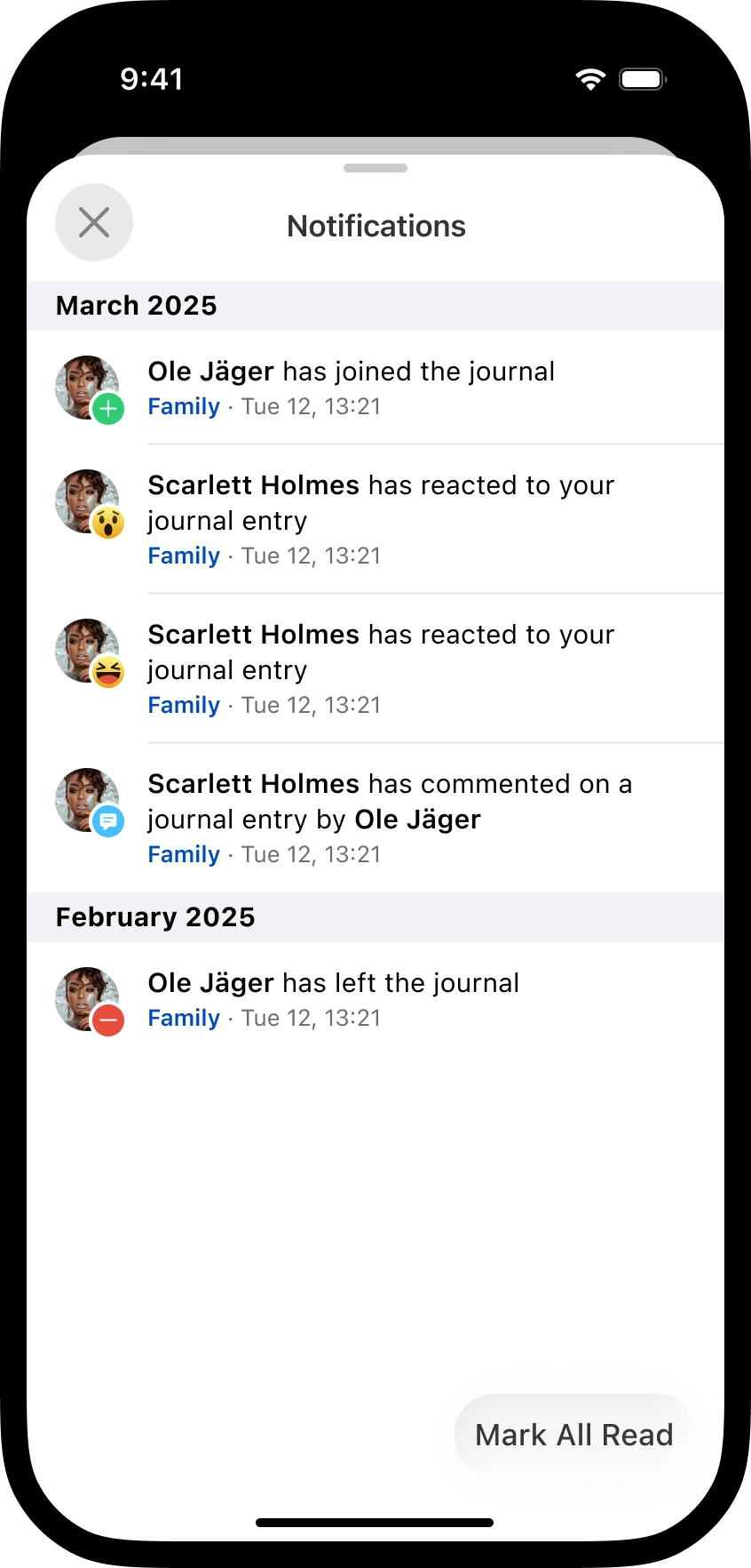 Shared journal notifications list